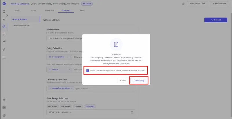 Rebuild dialog with the create a copy option checked, showing the Create copy button