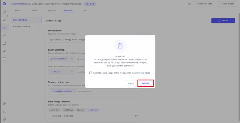Rebuild confirmation dialog warning that all previously detected anomalies will be lost