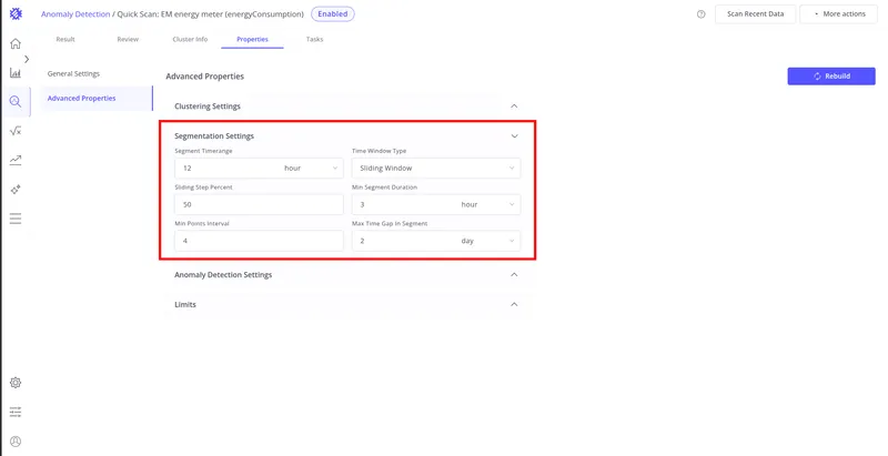 Segmentation Settings panel showing segment time range, window type, sliding step, and gap configuration