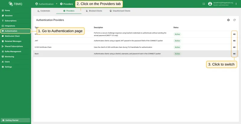 Toggle Basic authentication provider from the Providers table
