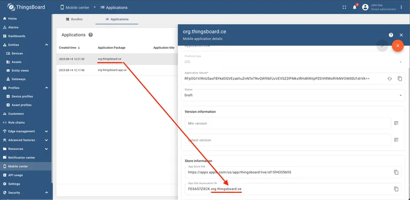 App Site Association ID field in app store info settings