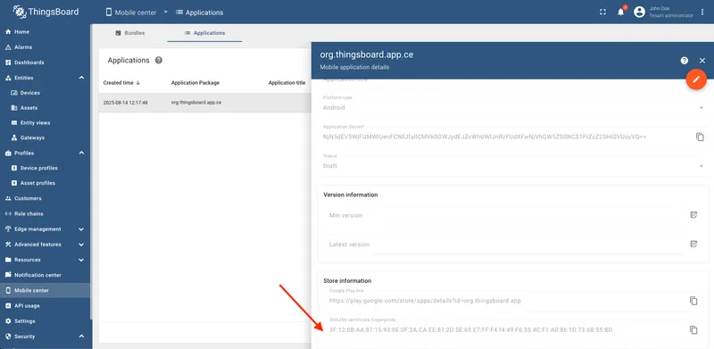 SHA-256 fingerprint field in Android app settings