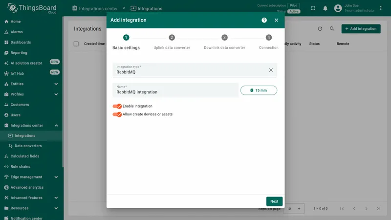 Add integration wizard — Basic settings step: Integration type set to RabbitMQ, name "RabbitMQ integration", Enable integration and Allow create devices or assets toggles on, 15 min debug badge visible