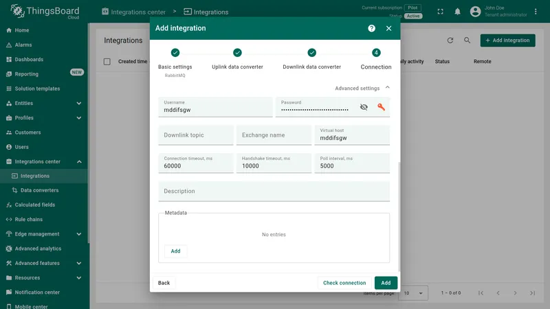Add integration wizard — Connection step with Advanced settings scrolled to show: Username, Password, Downlink topic and Exchange name empty, Virtual host set to the same value as Username, Connection timeout 60000 ms, Handshake timeout 10000 ms, Poll interval 5000 ms, Description empty, Metadata with no entries