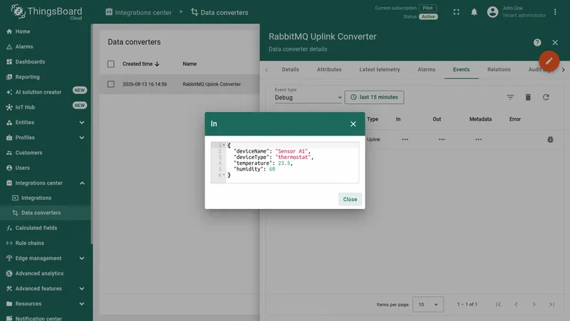 Converter event In dialog — raw JSON: deviceName Sensor A1, deviceType thermostat, temperature 23.5, humidity 60