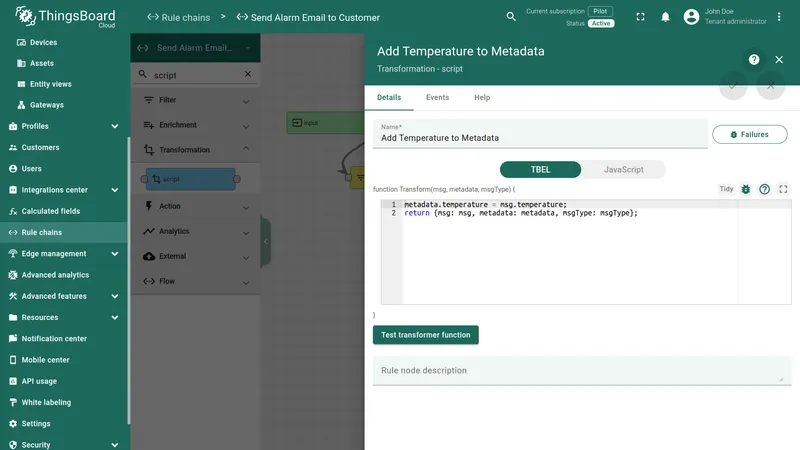 Add Temperature to Metadata transformation script node configuration