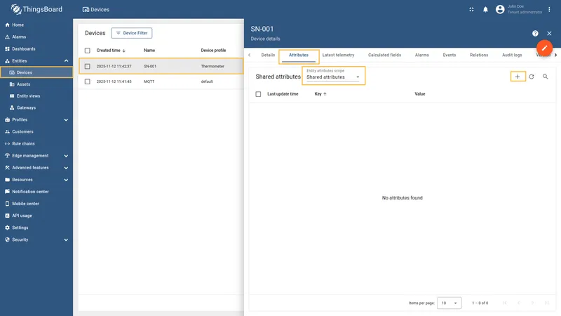 Navigate to device shared attributes