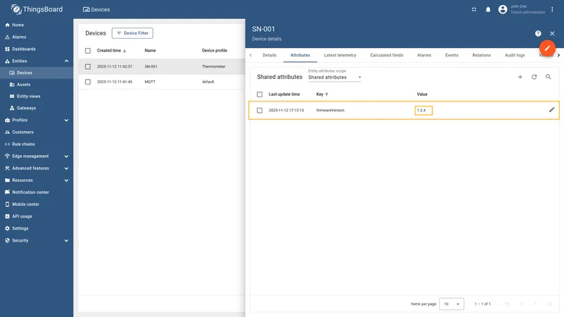 Attribute update published to MQTT topic