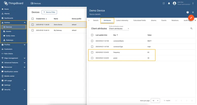 View device attributes on the Attributes tab