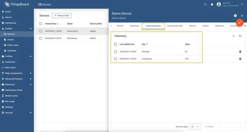 View real-time telemetry on the Latest Telemetry tab