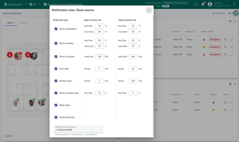 Room alarm threshold configuration interface