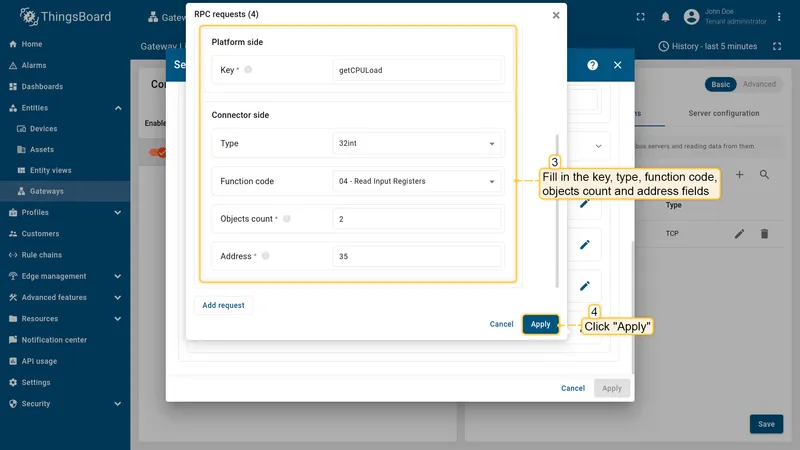 Fill in key, type, function code, objects count and address fields