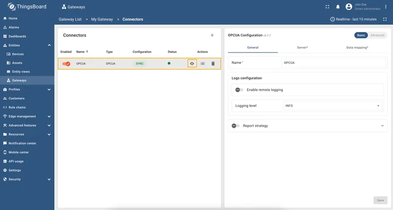Select OPC-UA connector and click RPC icon