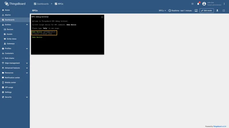 RPC response in the Debug Terminal