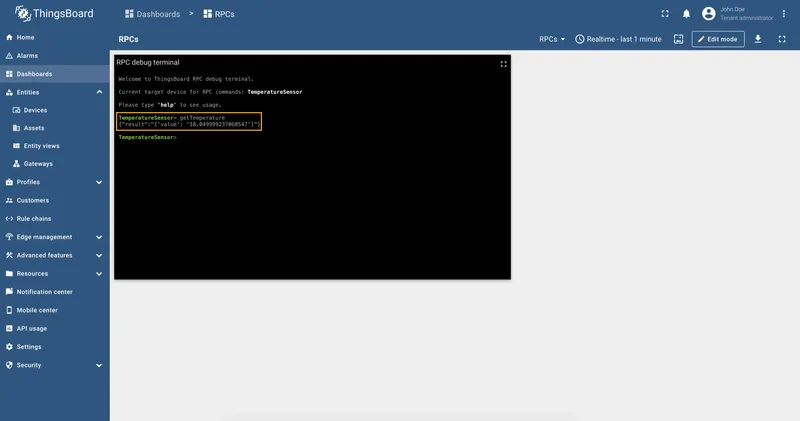RPC response in the Debug Terminal