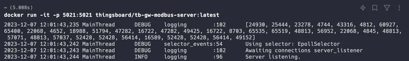 Modbus server Docker logs