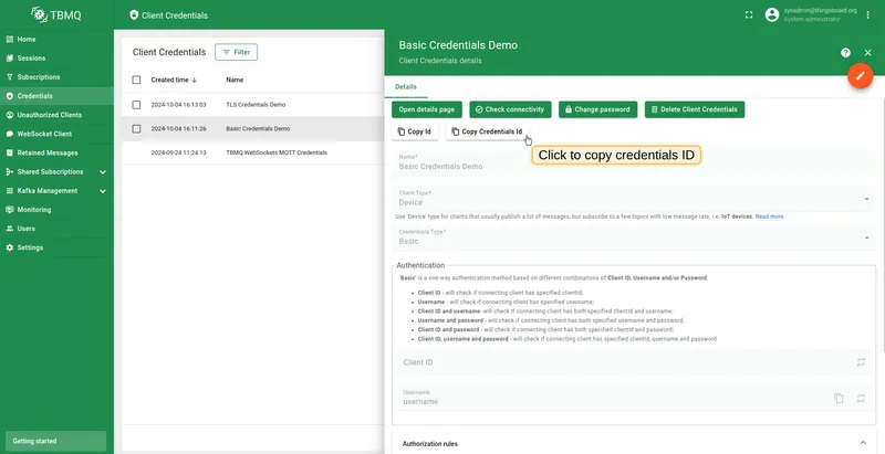Copy Basic credentials ID from TBMQ UI