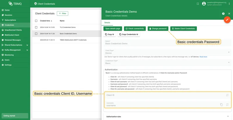 Basic authentication credentials parameters in TBMQ UI