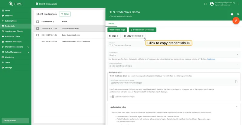 Copy TLS credentials ID from TBMQ UI