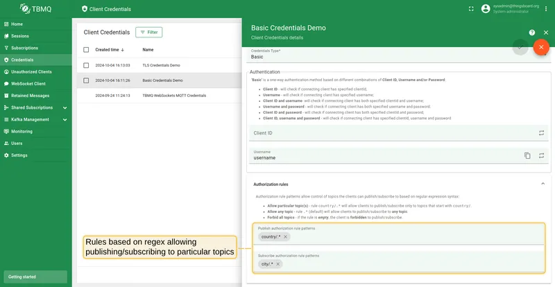 Authorization rule patterns for Basic credentials in TBMQ