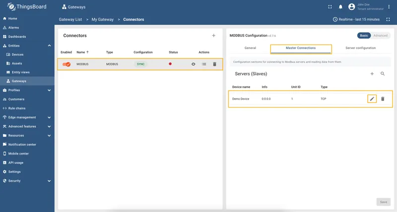 Select the created Modbus connector and click on the Master Connections tab