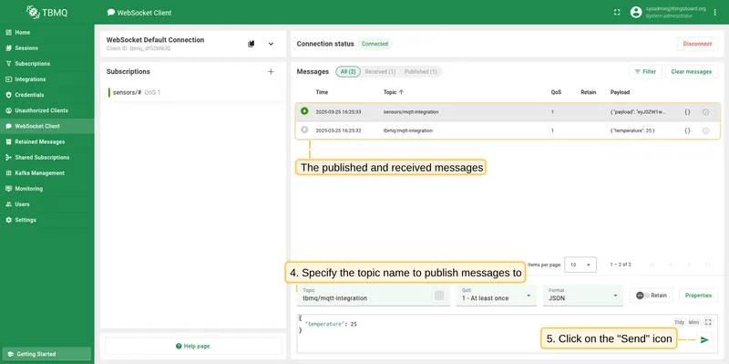 Set topic to tbmq/mqtt-integration and click Send