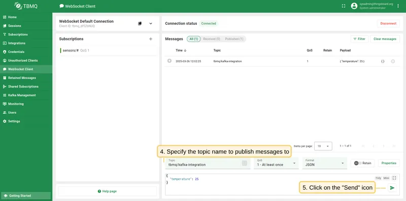 Set topic to tbmq/kafka-integration and click Send