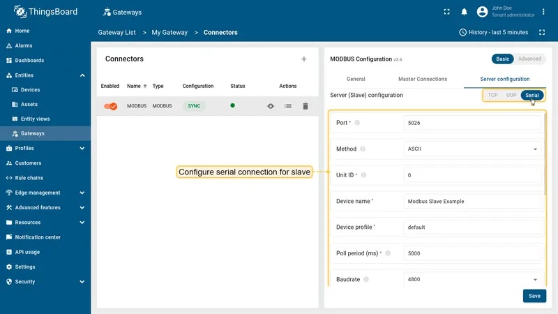 Serial server configuration section