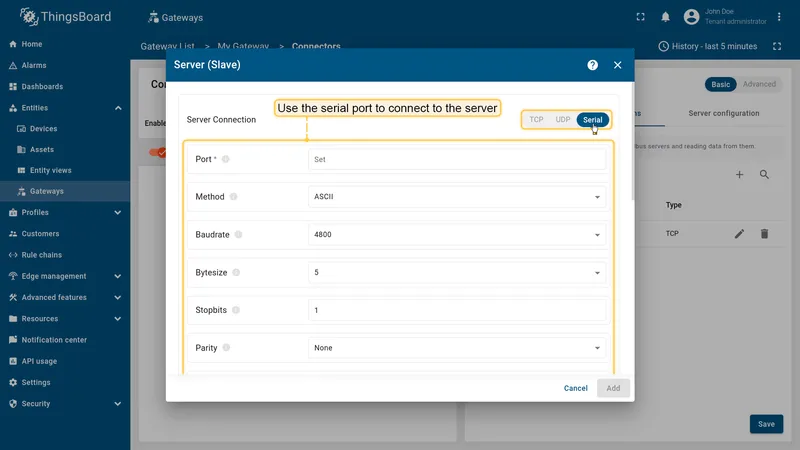 Serial server connection section