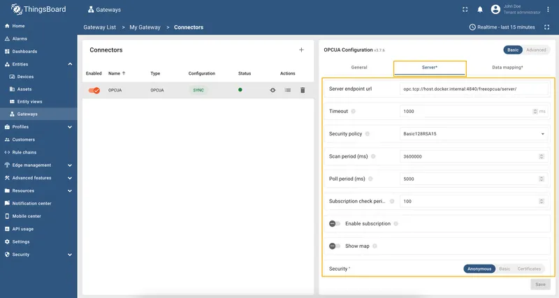 Fill in Server tab fields