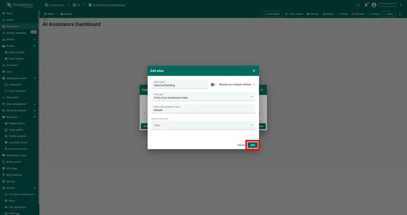 Configure the second alias (entity from dashboard state)