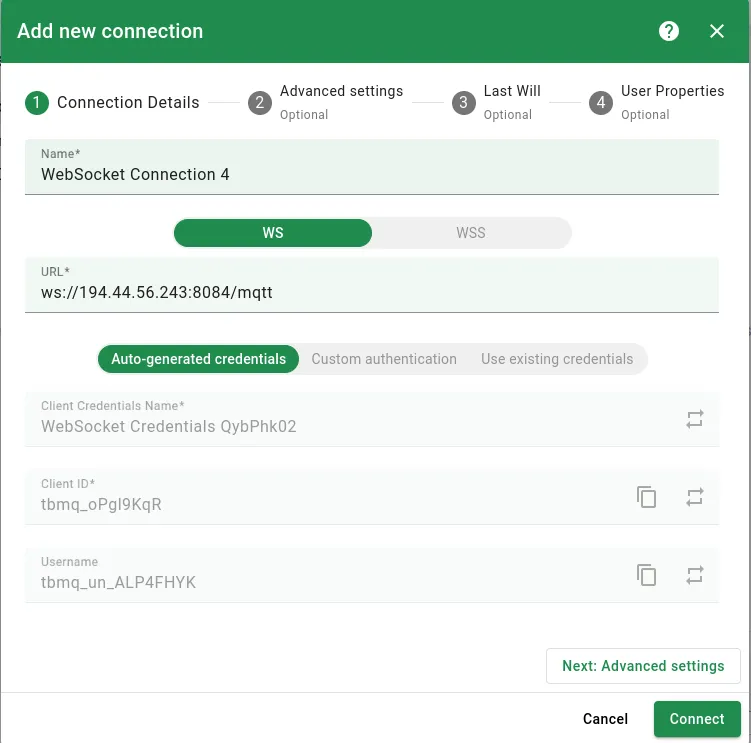 WebSocket connection window uses the new WS host