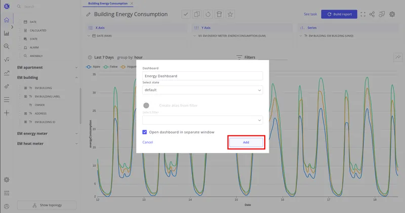 Add on Dashboard dialog — state selection and Add button