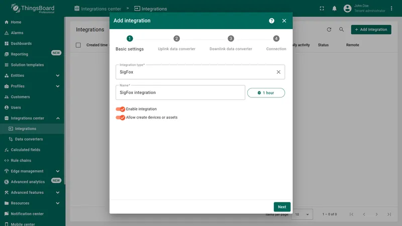 Add integration wizard — Basic settings: Integration type SigFox, name SigFox Integration, Enable integration and Allow create devices or assets toggled on