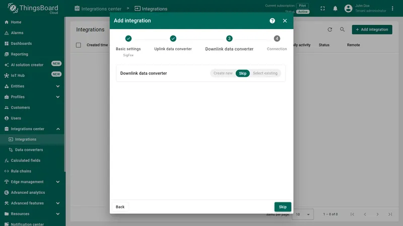 Add integration wizard — Downlink data converter step with Skip button highlighted