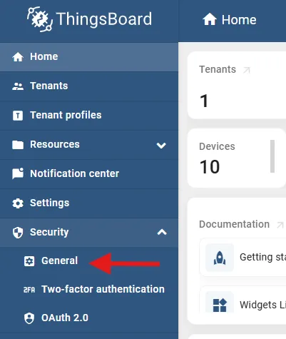 Security → General page in ThingsBoard