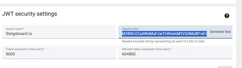 JWT Security Settings section with the signing key field