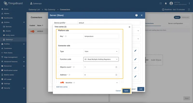 Fill temperature time series fields and click Apply