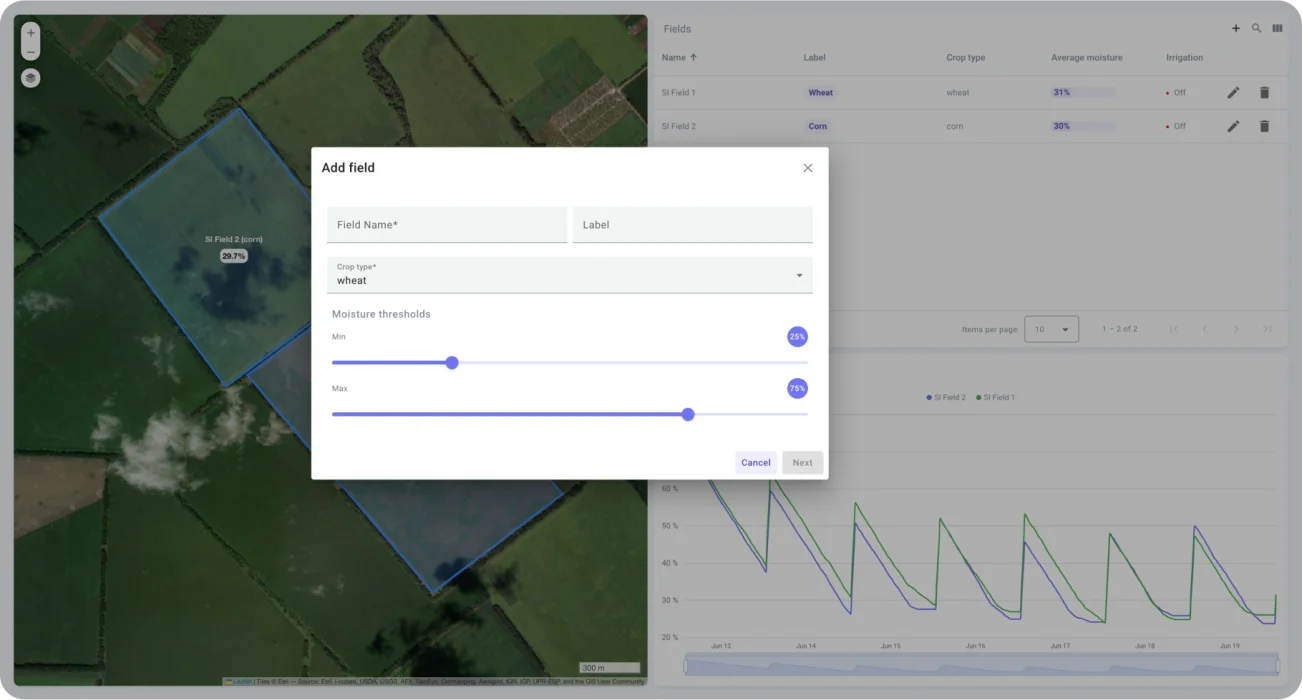 Field configuration form for setting crop type and moisture range in ThingsBoard