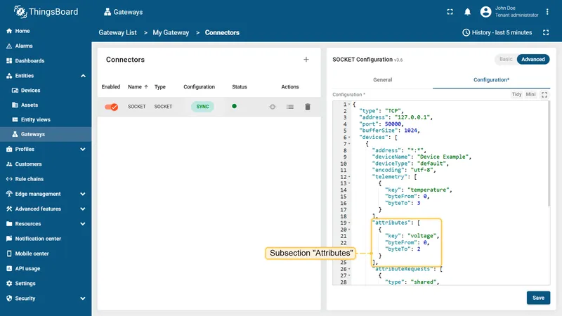 Attributes section in Advanced configuration mode