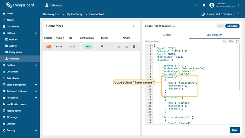 Time series section in Advanced configuration mode