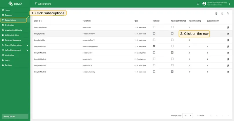Open Subscriptions page and click on the table row