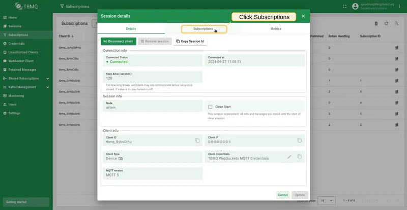 Add, edit, or remove subscriptions in the session details