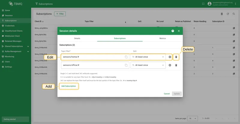 Example: changed Retain as Published to true and Subscription Identifier to 6
