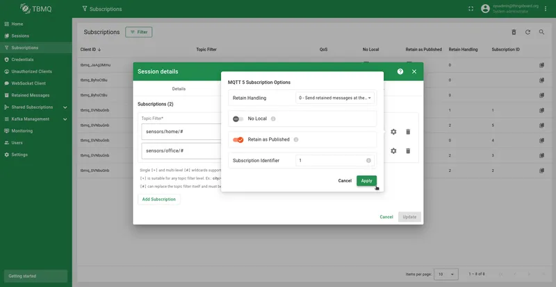 Click Update to apply subscription changes