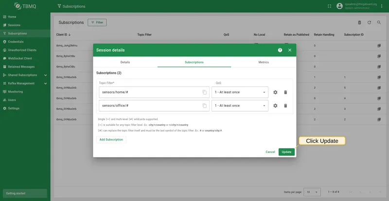 Subscription parameters Retained as Published and Subscription ID successfully updated