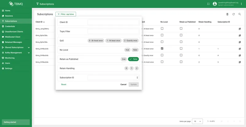 Filter window for the Subscriptions table