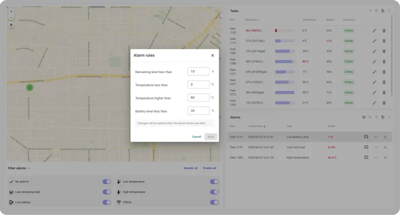Alarm management panel with severity filters and escalation history