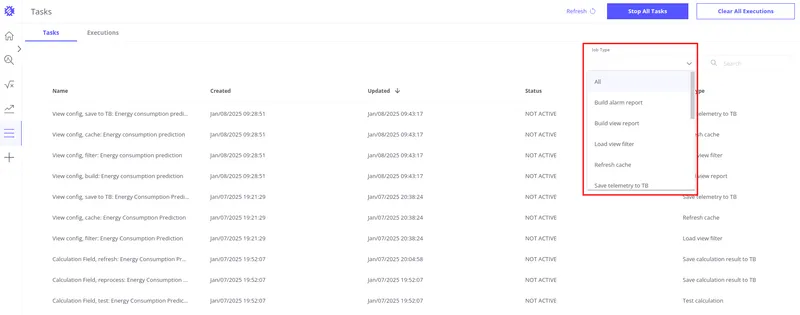 Task list with Job Type filter dropdown open showing all available job types