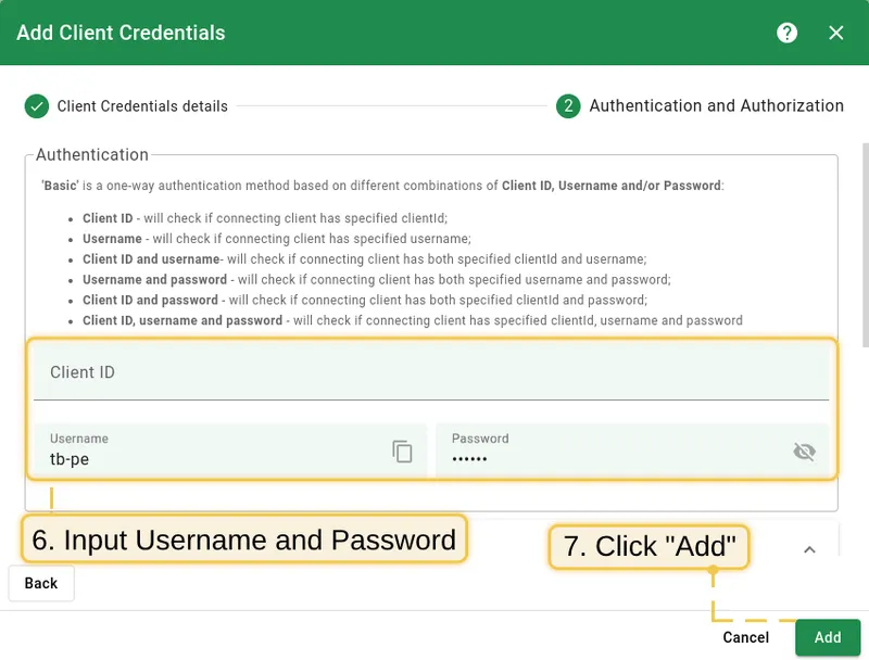 Enter Username and Password, then click Add
